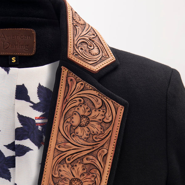 ADBZ011 American Darling Women Western Black Fabric Blazer with Hand-Tooled Leather Lapels