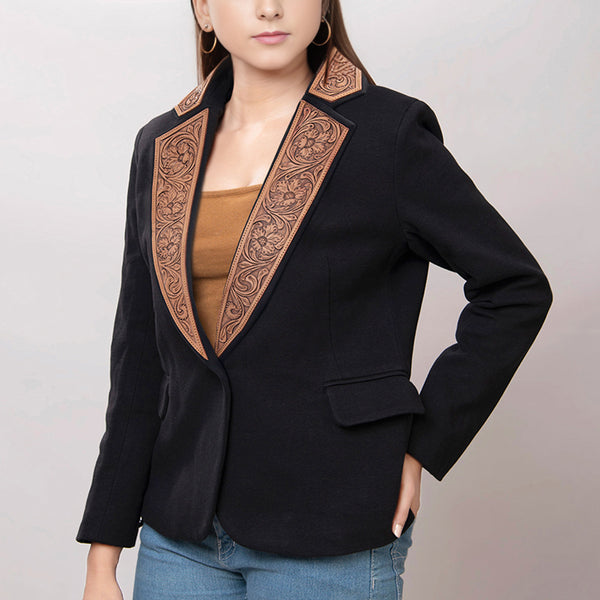 ADBZ011 American Darling Women Western Black Fabric Blazer with Hand-Tooled Leather Lapels