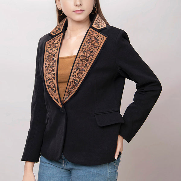 ADBZ012 American Darling Hand-Tooled Leather Western Blazer - Black Floral Accent