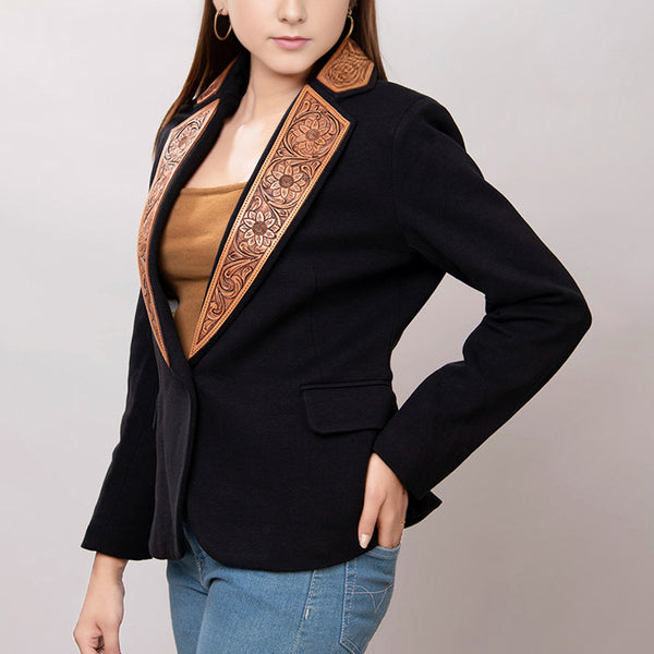 ADBZ013 American Darling Women's Western Black Blazer with Hand-Tooled Leather Trim