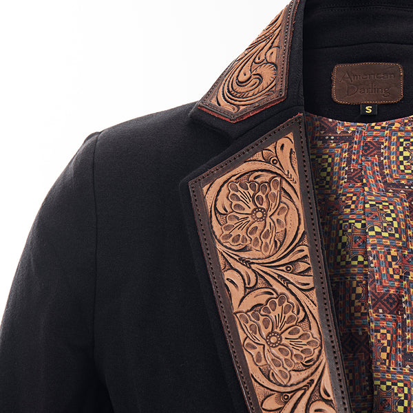 ADBZ014 American Darling Fabric Western Blazer with Hand-Tooled Leather Sunflower Lapels