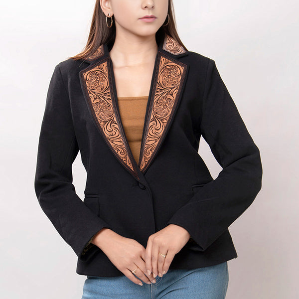 ADBZ014 American Darling Fabric Western Blazer with Hand-Tooled Leather Sunflower Lapels