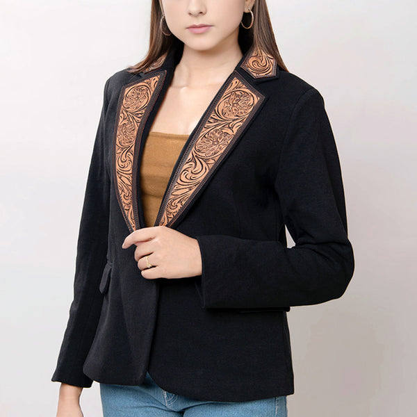 ADBZ014 American Darling Fabric Western Blazer with Hand-Tooled Leather Sunflower Lapels