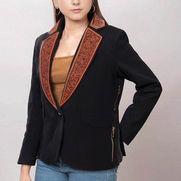 ADBZ015 American Darling Fabric Western Blazer - Hand-Tooled Ornate Leather Lapels