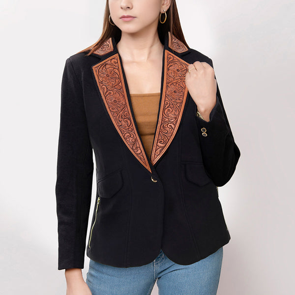 ADBZ015 American Darling Fabric Western Blazer - Hand-Tooled Ornate Leather Lapels
