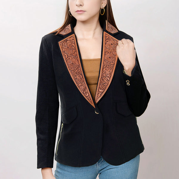 ADBZ015 American Darling Fabric Western Blazer - Hand-Tooled Ornate Leather Lapels