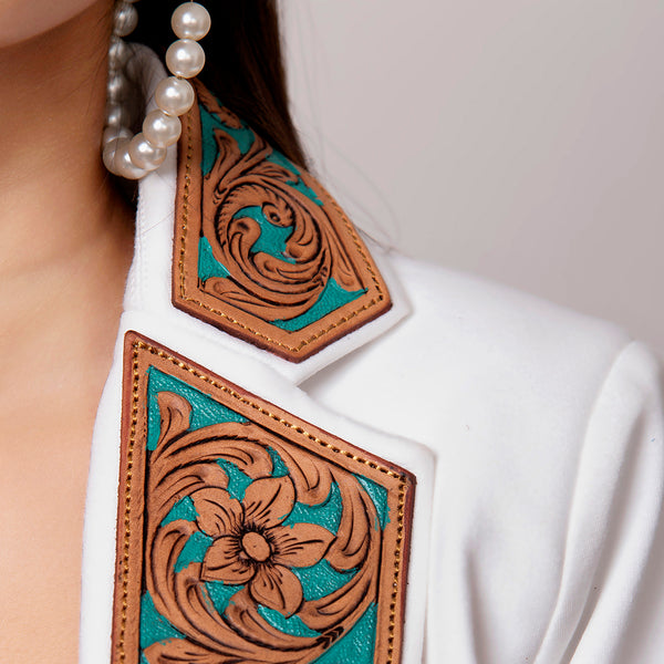 ADBZ016 Elegant White Fabric Western Blazer with Hand-Tooled Turquoise Leather Lapels