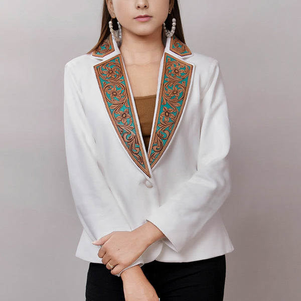 ADBZ016 Elegant White Fabric Western Blazer with Hand-Tooled Turquoise Leather Lapels