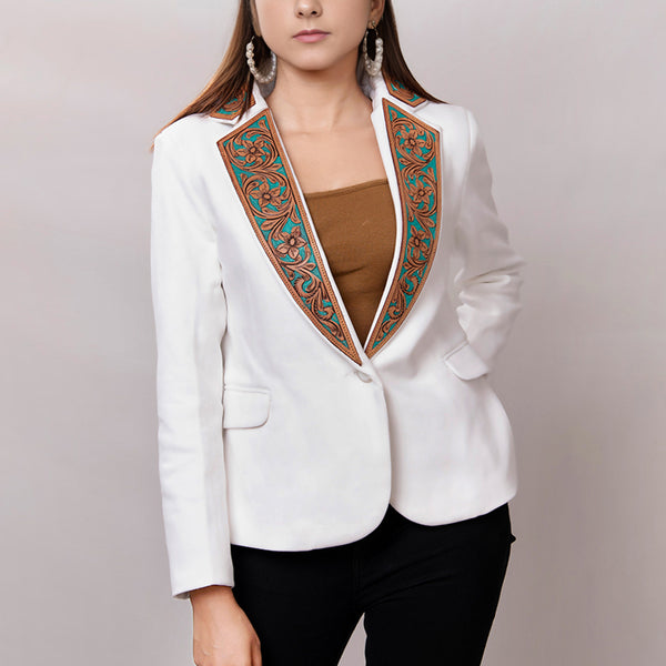 ADBZ016 Elegant White Fabric Western Blazer with Hand-Tooled Turquoise Leather Lapels