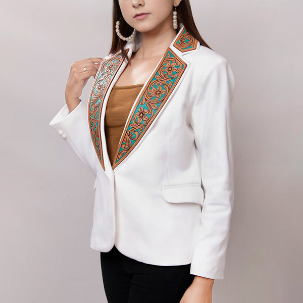 ADBZ016 Elegant White Fabric Western Blazer with Hand-Tooled Turquoise Leather Lapels