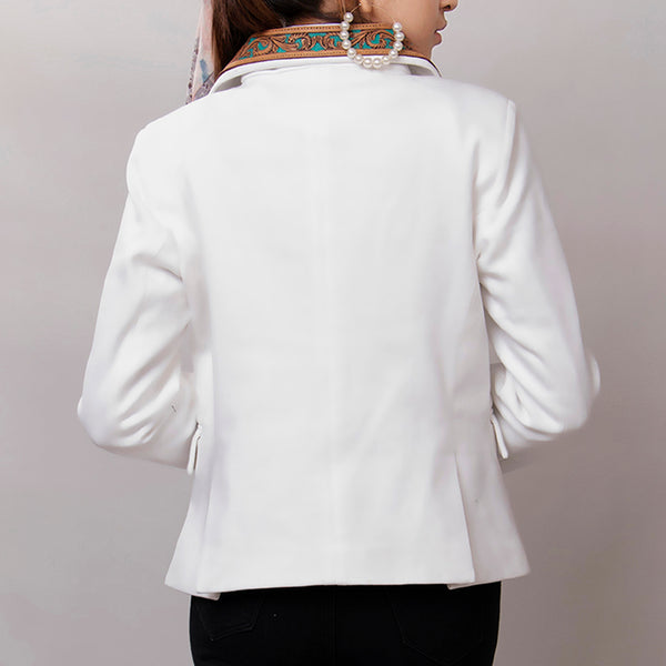 ADBZ016 Elegant White Fabric Western Blazer with Hand-Tooled Turquoise Leather Lapels