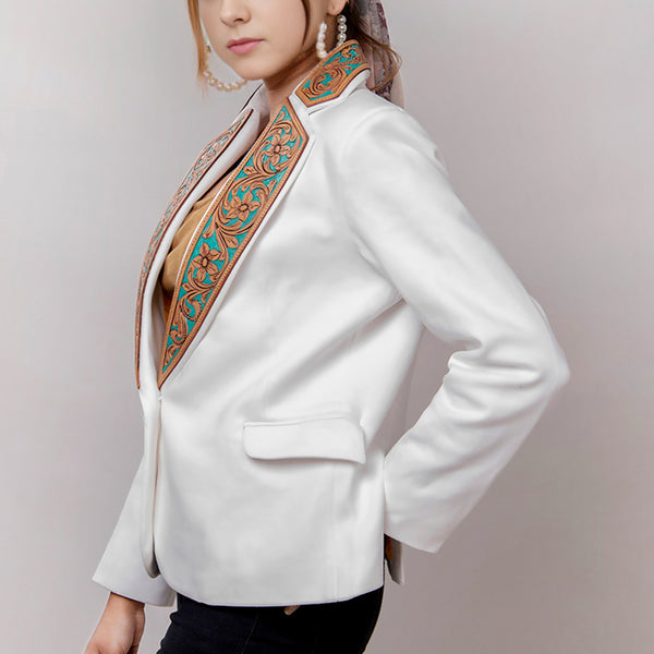 ADBZ016 Elegant White Fabric Western Blazer with Hand-Tooled Turquoise Leather Lapels
