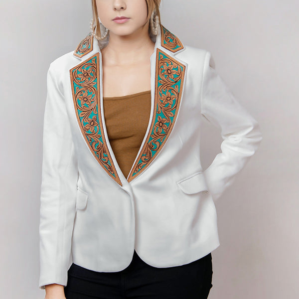 ADBZ016 Elegant White Fabric Western Blazer with Hand-Tooled Turquoise Leather Lapels