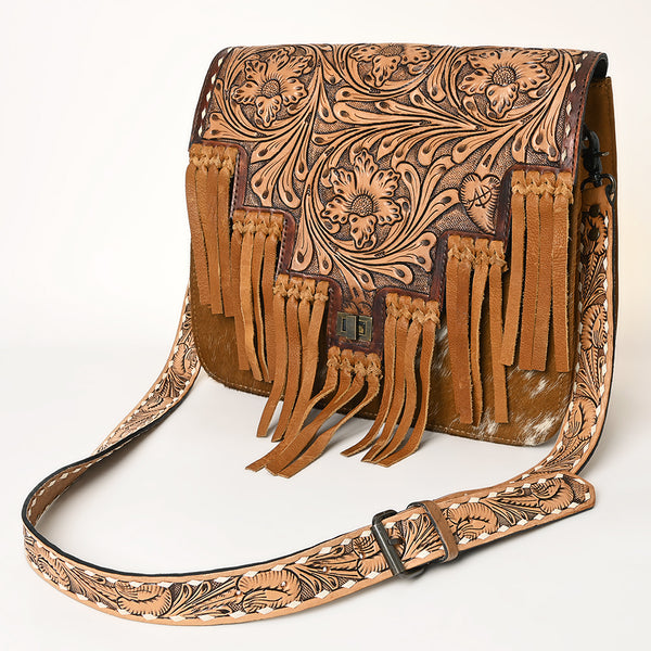 ADBG926 American Darling Handcrafted Hand Tooled Leather and Cowhide Messenger Bag with Fringes