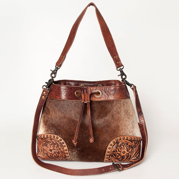 ADBG929 American Darling Western Leather Bucket Bag with Hair-On Cowhide and Hand Tooled Floral Carving