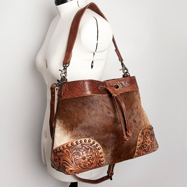 ADBG929 American Darling Western Leather Bucket Bag with Hair-On Cowhide and Hand Tooled Floral Carving