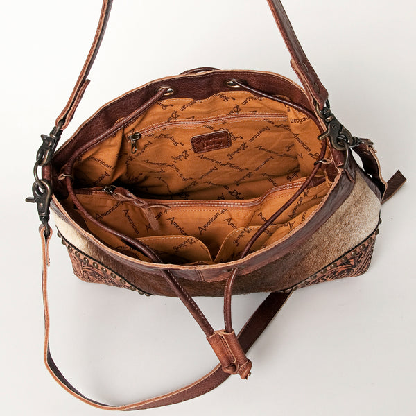 ADBG929 American Darling Western Leather Bucket Bag with Hair-On Cowhide and Hand Tooled Floral Carving