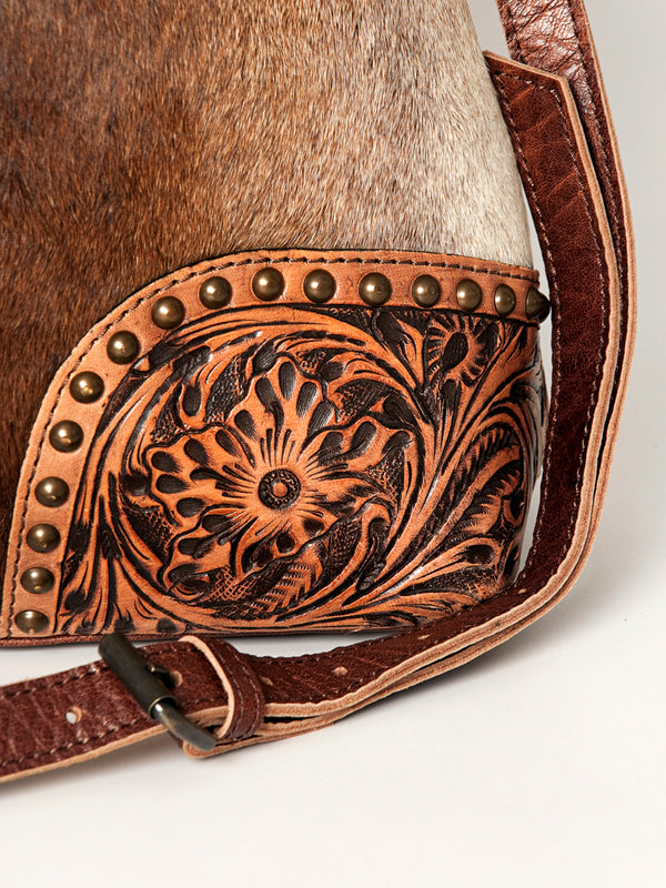 ADBG929 American Darling Western Leather Bucket Bag with Hair-On Cowhide and Hand Tooled Floral Carving