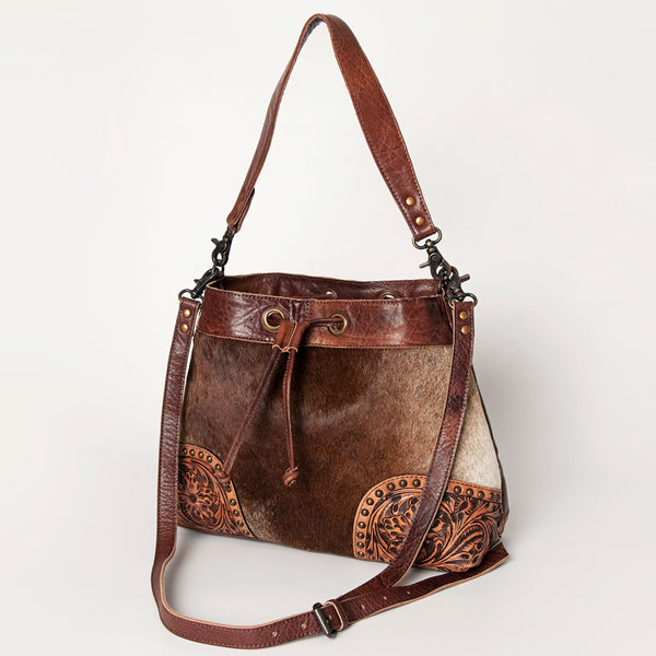ADBG929 American Darling Western Leather Bucket Bag with Hair-On Cowhide and Hand Tooled Floral Carving