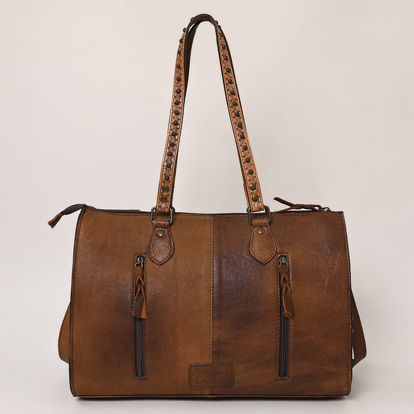 ADBG930 American Darling Western Leather Tote Bag with Hair-On Cowhide and Hand Tooled Floral Trim