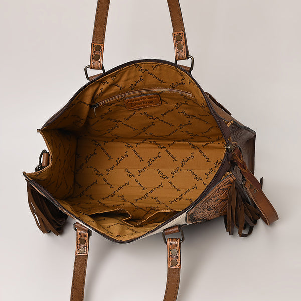 ADBG930 American Darling Western Leather Tote Bag with Hair-On Cowhide and Hand Tooled Floral Trim