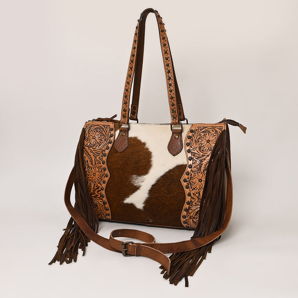 ADBG930 American Darling Western Leather Tote Bag with Hair-On Cowhide and Hand Tooled Floral Trim