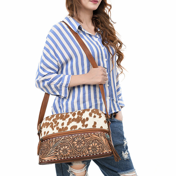 ADBG931 American Darling Western Leather Cross body Bag with Hair-On Cowhide and Hand Tooled Floral Carving