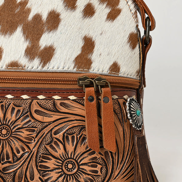 ADBG931 American Darling Western Leather Cross body Bag with Hair-On Cowhide and Hand Tooled Floral Carving