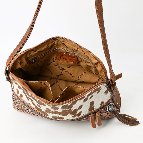ADBG931 American Darling Western Leather Cross body Bag with Hair-On Cowhide and Hand Tooled Floral Carving