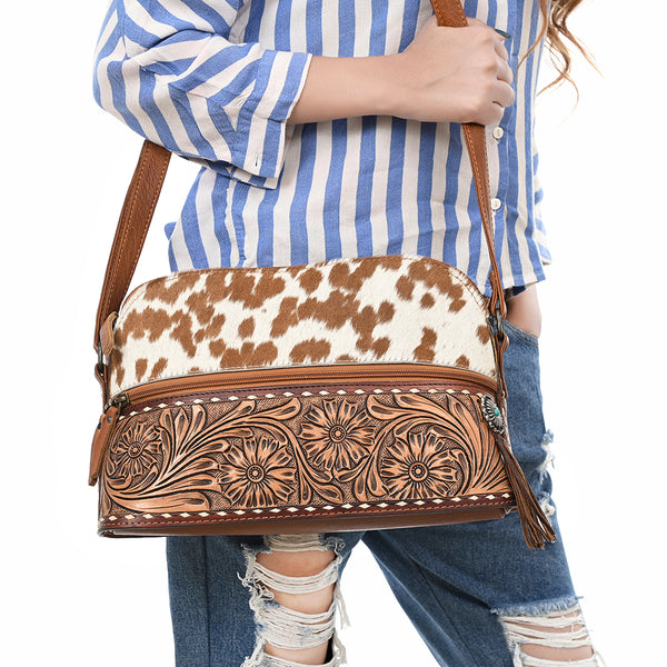 ADBG931 American Darling Western Leather Cross body Bag with Hair-On Cowhide and Hand Tooled Floral Carving