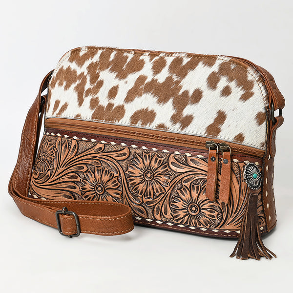 ADBG931 American Darling Western Leather Cross body Bag with Hair-On Cowhide and Hand Tooled Floral Carving