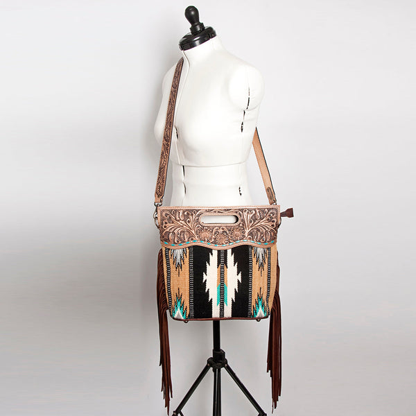 LC-ADBGS146 Southwestern Wool Blanket & Tooled Leather Shoulder Bag - Western Fringe Crossbody