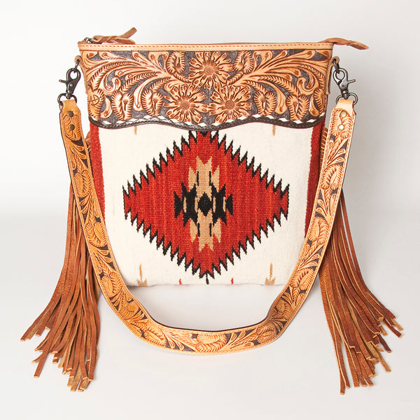 ADBG510 Tooled Leather & Saddle Blanket Crossbody Bag Western Fringe Purse by American Darling