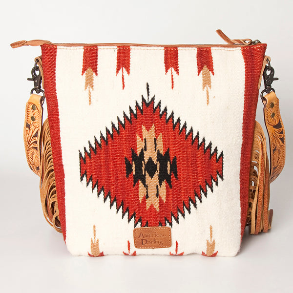 ADBG510 Tooled Leather & Saddle Blanket Crossbody Bag Western Fringe Purse by American Darling