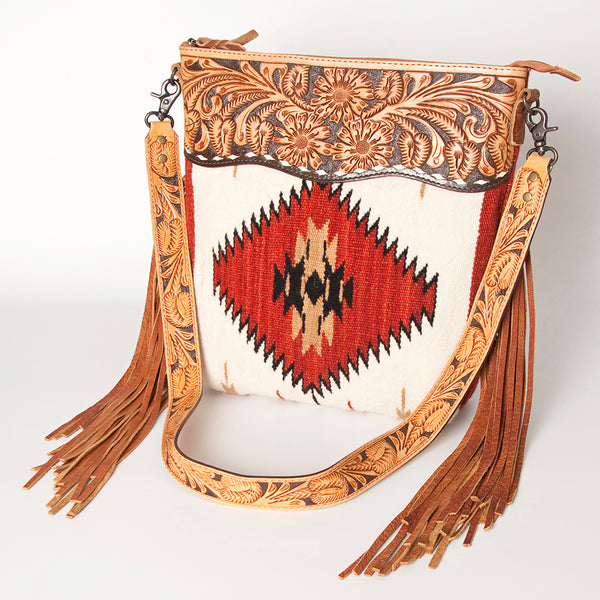 ADBG510 Tooled Leather & Saddle Blanket Crossbody Bag Western Fringe Purse by American Darling