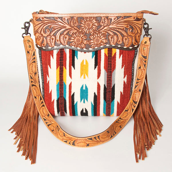 ADBG510 Tooled Leather & Saddle Blanket Crossbody Bag Western Fringe Purse by American Darling