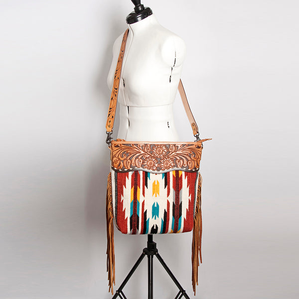 ADBG510 Tooled Leather & Saddle Blanket Crossbody Bag Western Fringe Purse by American Darling