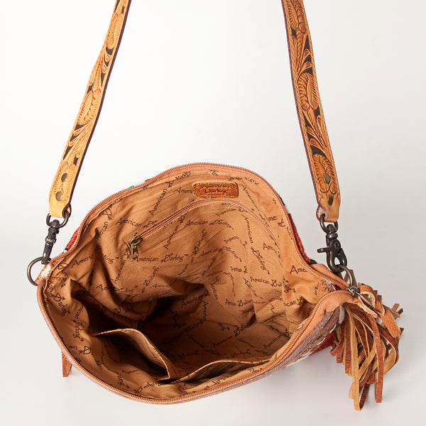 ADBG510 Tooled Leather & Saddle Blanket Crossbody Bag Western Fringe Purse by American Darling