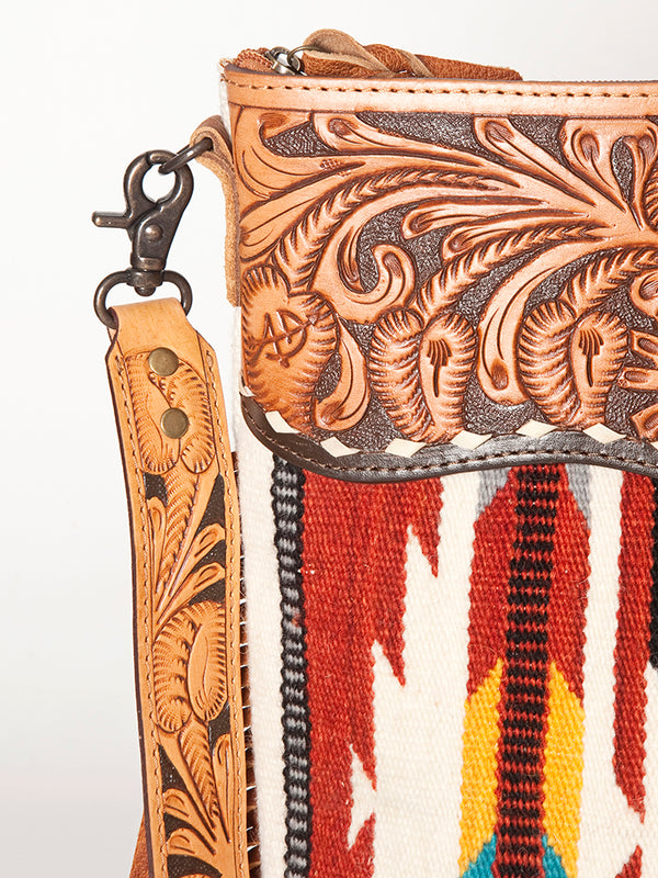 ADBG510 Tooled Leather & Saddle Blanket Crossbody Bag Western Fringe Purse by American Darling