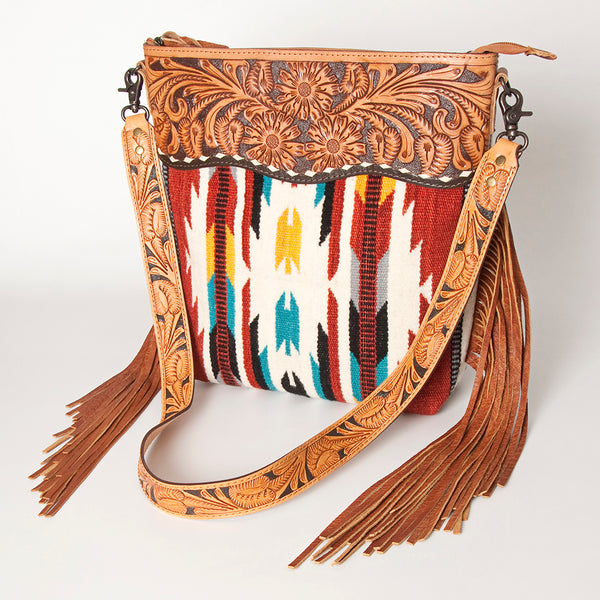 ADBG510 Tooled Leather & Saddle Blanket Crossbody Bag Western Fringe Purse by American Darling