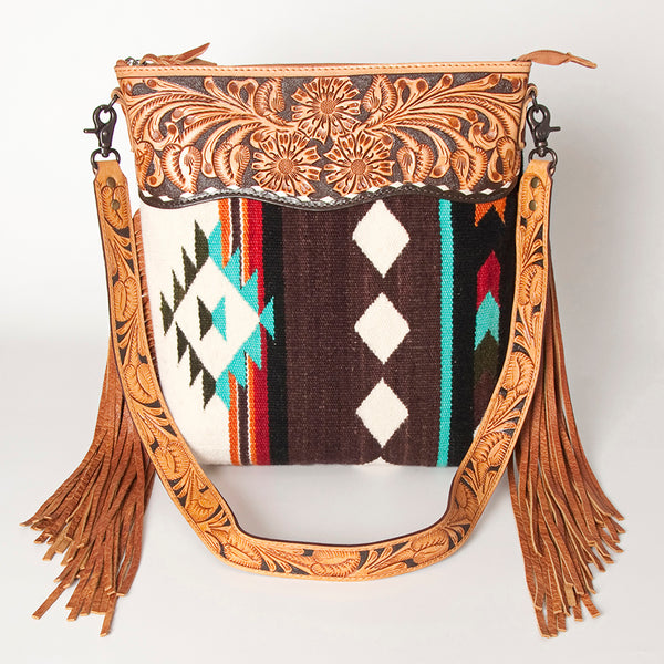ADBG510 Tooled Leather & Saddle Blanket Crossbody Bag Western Fringe Purse by American Darling