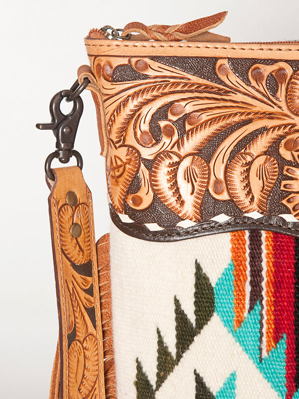 ADBG510 Tooled Leather & Saddle Blanket Crossbody Bag Western Fringe Purse by American Darling