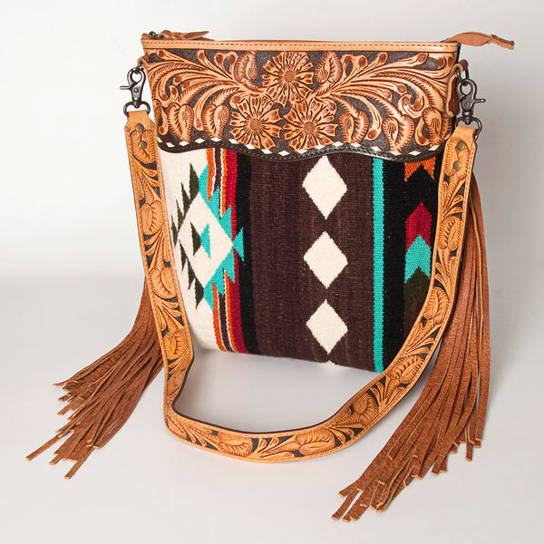 ADBG510 Tooled Leather & Saddle Blanket Crossbody Bag Western Fringe Purse by American Darling
