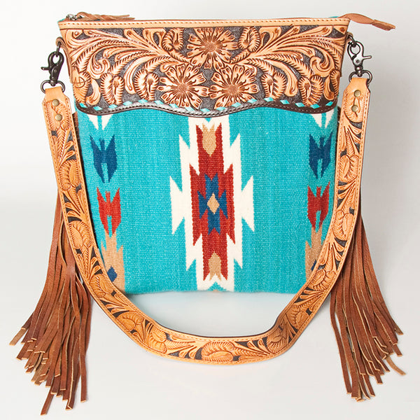 ADBG510 Tooled Leather & Saddle Blanket Crossbody Bag Western Fringe Purse by American Darling