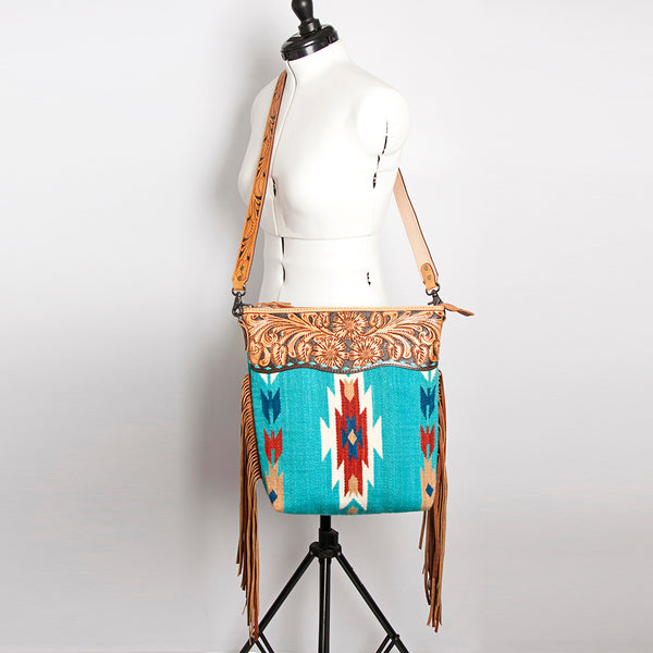 ADBG510 Tooled Leather & Saddle Blanket Crossbody Bag Western Fringe Purse by American Darling