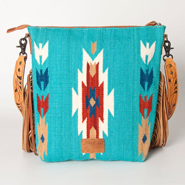 ADBG510 Tooled Leather & Saddle Blanket Crossbody Bag Western Fringe Purse by American Darling