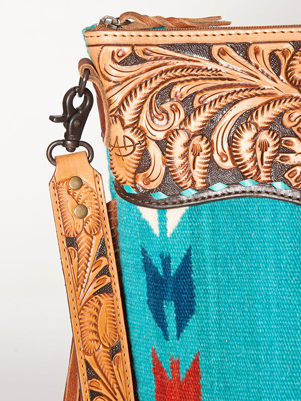 ADBG510 Tooled Leather & Saddle Blanket Crossbody Bag Western Fringe Purse by American Darling