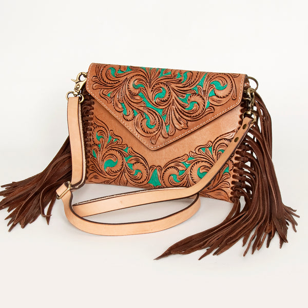 ADBGA290 American Darling Hand Tooled Floral Carved Leather Envelope with Fringes