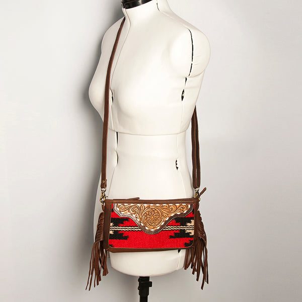ADBGA188 American Darling Southwestern Wool & Leather Fringe Crossbody Bag with Hand-Tooled Flap