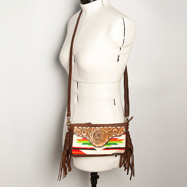ADBGA188 American Darling Southwestern Wool & Leather Fringe Crossbody Bag with Hand-Tooled Flap